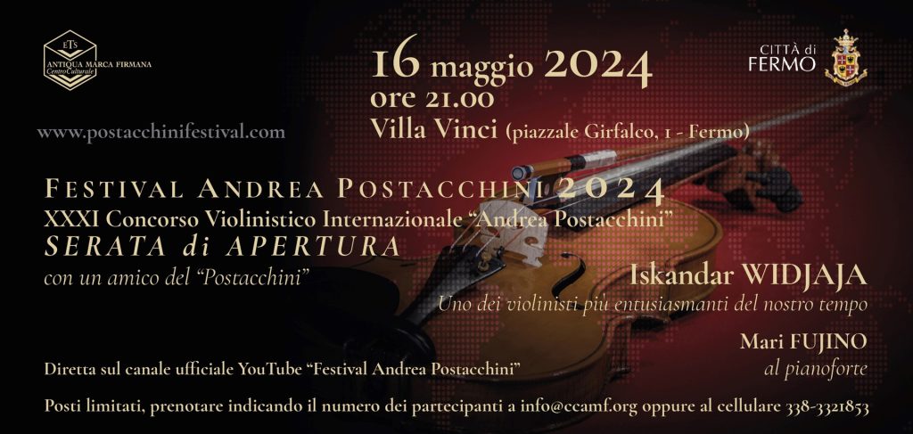 Festival Postacchini, stasera 16 maggio a Villa Vinci concerto d’apertura del violinista Widjaja